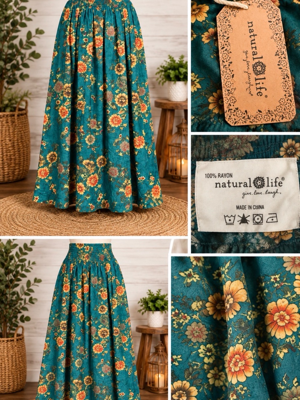 NATURAL LIFE Teal Maxi Skirt with Orange and Yellow Floral Print NWT